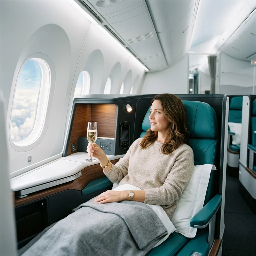 A traveler with a glass of champagne relaxing in a teal lie-flat Business Class seat